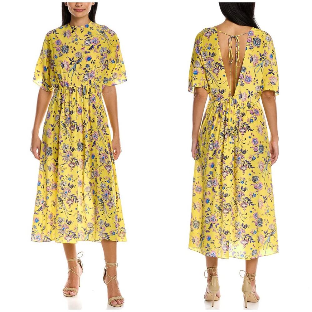 Les Reveries V-Back Silk Maxi Dress Size 6 Yellow Floral Lightweight Cocktail